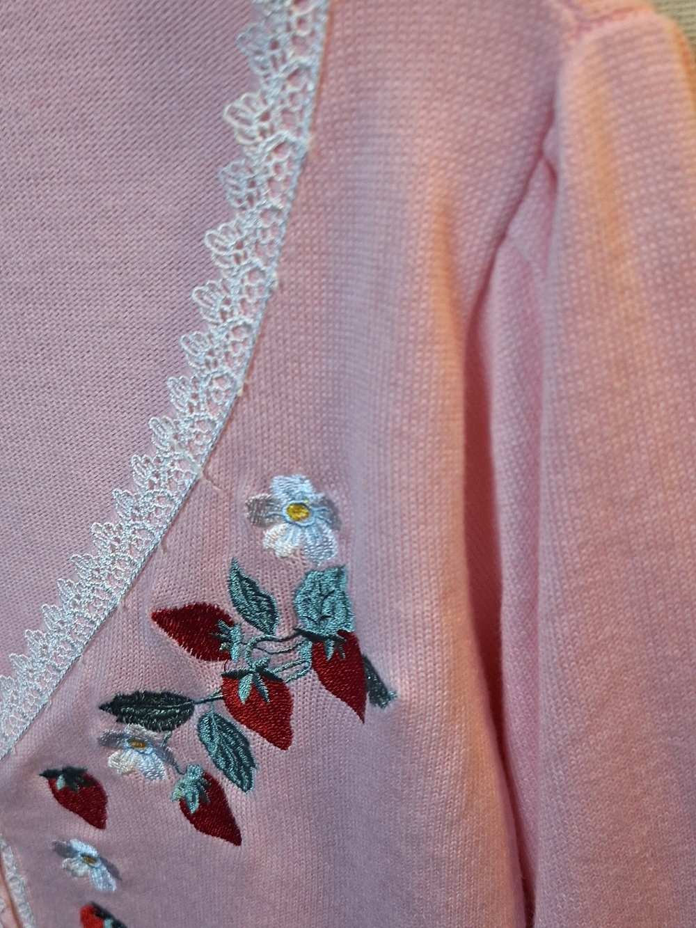 Dolls Kill Pink Embroidered Strawberry & Daisy Lace-Trim Cardigan - Picture 7 of 9